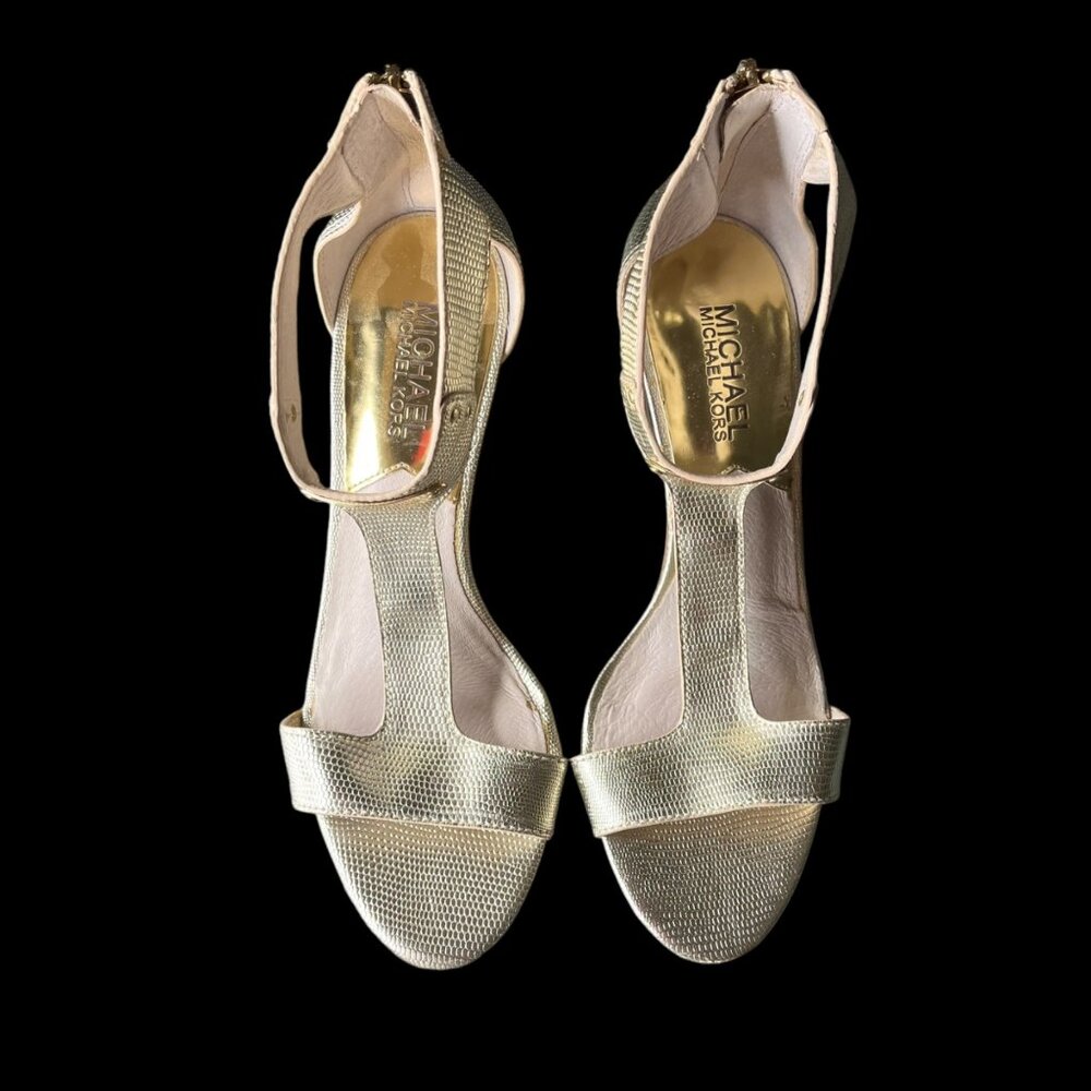 Michael Kors Gold Strappy Heels With Zipper Closure & Textured Finish size 7 - Picture 9 of 11